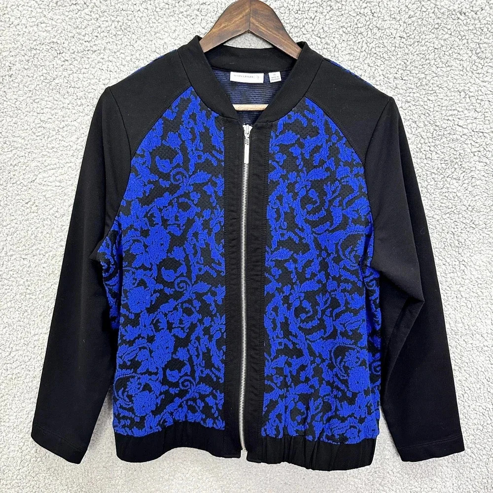 Susan Graver Bomber Jacket Womens Medium Black Blue Floral‎ Zip Lightweight Boho